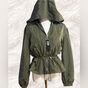 New Look Sport Olive Green Hooded Utility Jacket Cinch Waist Zip Size S